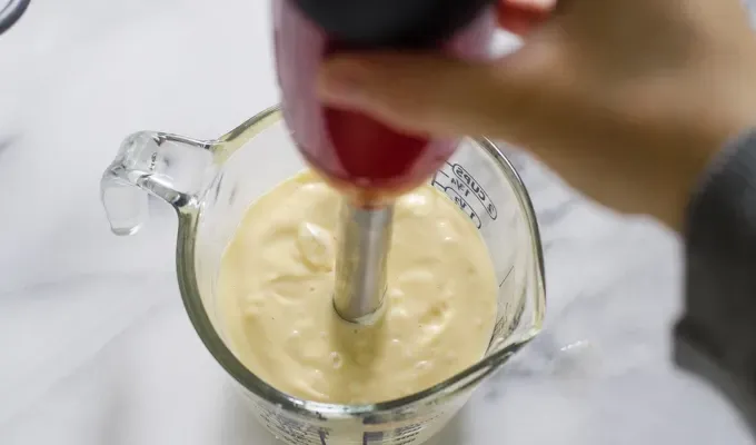 Using a stick blender to make mayonnaise.' title='Baconnaise!