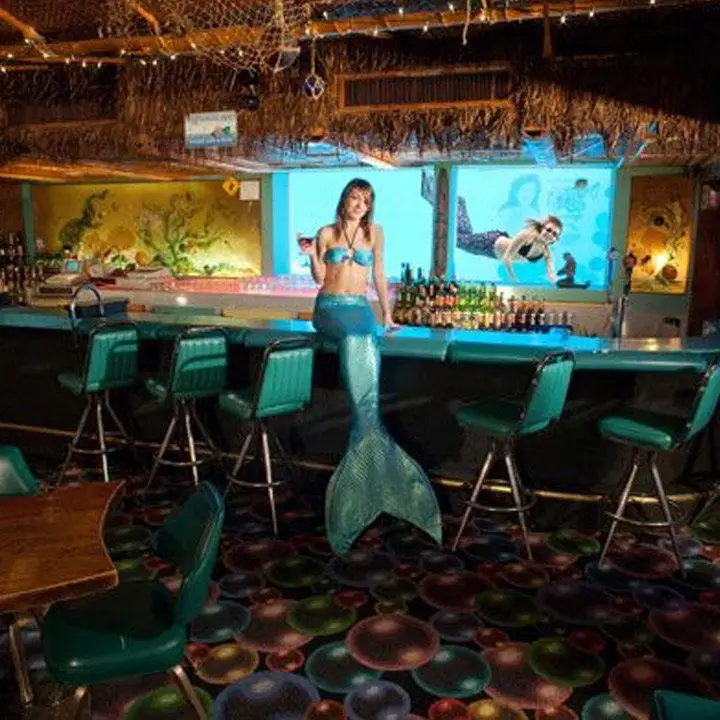 mermaid seated on the turquoise bar at Sip ’n Dip Lounge