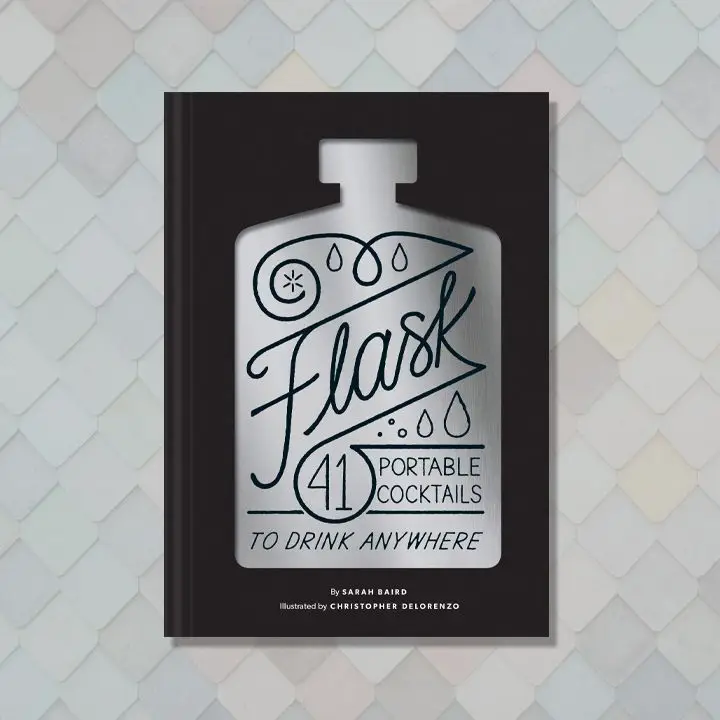 Flask: 41 Portable Cocktails cover with a silver script-filled flask inlaid into a solid black background