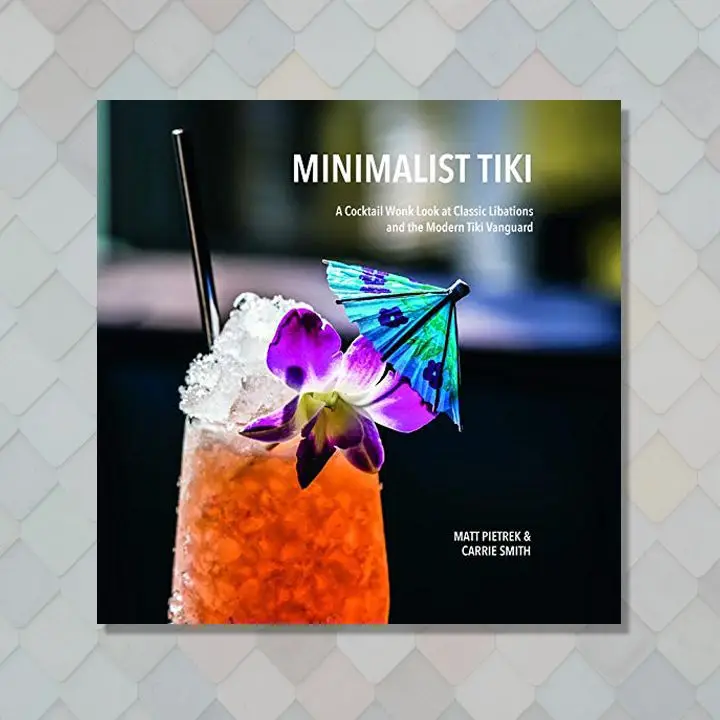 Minimalist Tiki cover with a black and multicolored background and a bright red tropical cocktail on crushed ice and garnished with a blue umbrella and purple flower in the foreground. Text is white and sans serif.