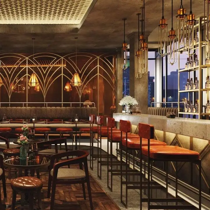 Mad Botanist interior, with gold-plated pendant lamps and high barstools