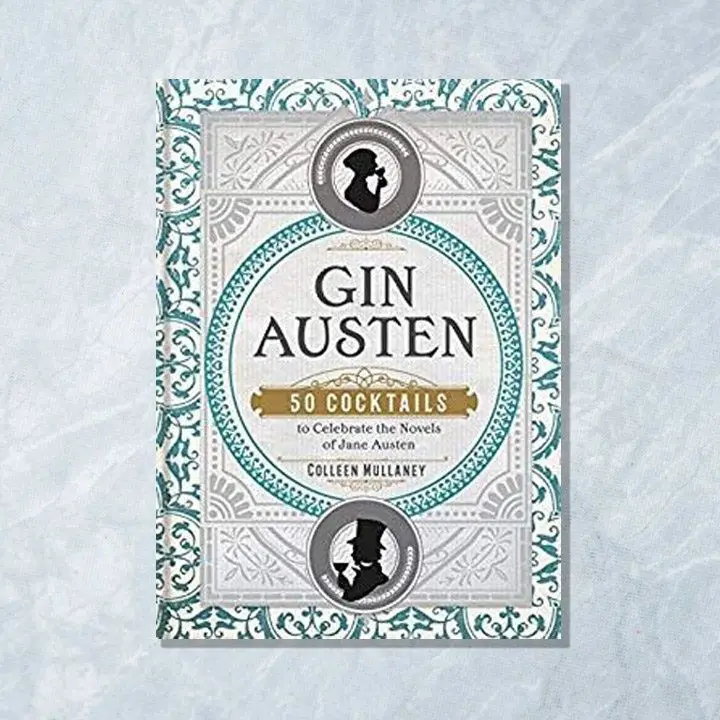 Gin Austen book cover with dark teal and gray damask, a silhouette of a woman sipping a drink toward the top and a man in a top hat sipping a drink near the bottom. Text is in a teal circle in the center of the cover in grayish-black and gold