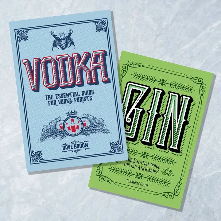 Gin: The Essential Guide for Gin Aficionados and Vodka: The Essential Guide for Vodka Purists. Covers sit side by side with the blue vodka volume overlapping the green gin volume