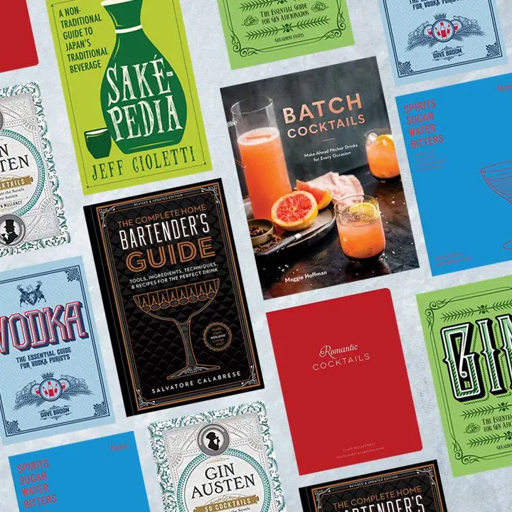 Diagonal composite of various cocktail and spirits titles, including Batch Cocktails by Maggie Hoffman, Romantic Cocktails by Clair McLafferty, SakePedia by Jeff Cioletti, and others. Covers range from green to blue to red to black and are against a textured light gray background