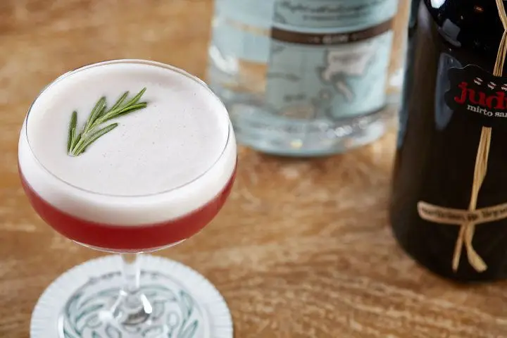 A frothy deep pink cocktail in a coupe garnished with a sprig of rosemary