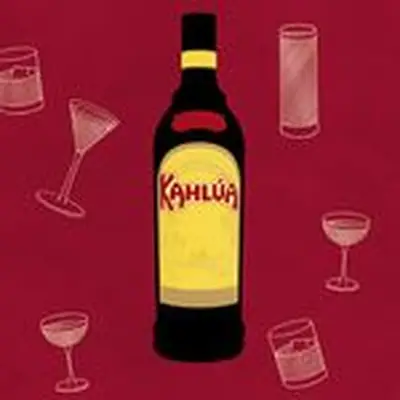 Kahlua bottle against a red background with floating cocktail illustrations.