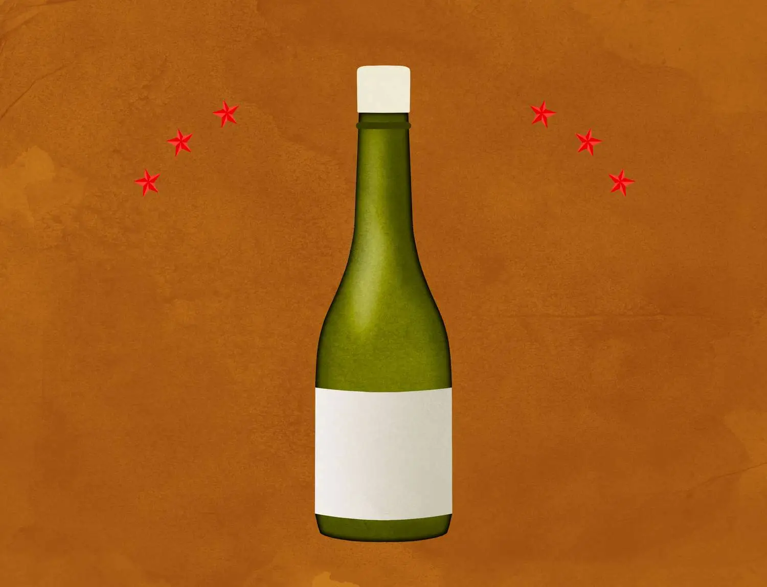 Bottle of sake with red stars against tan background