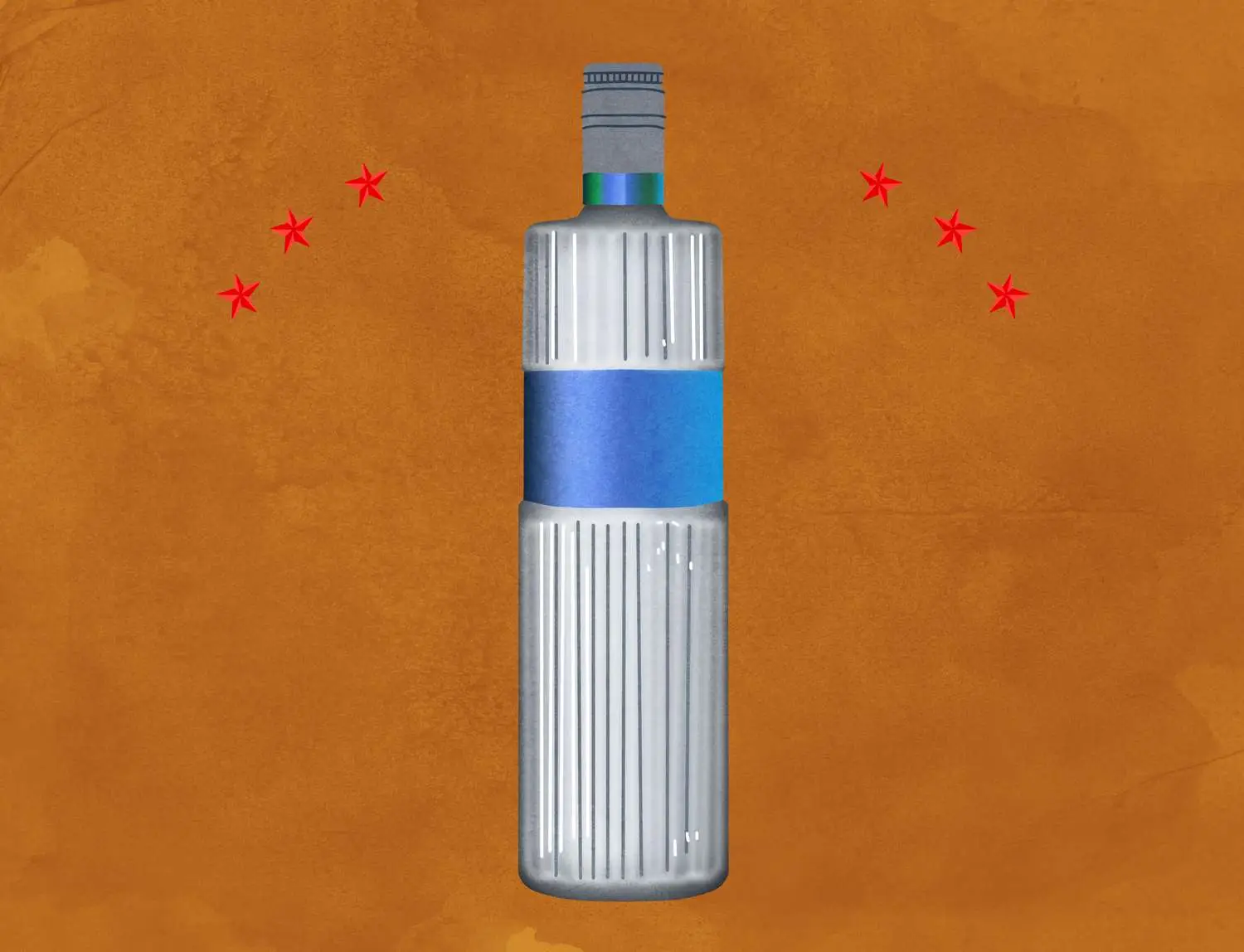 Bottle of shochu with red stars against tan background