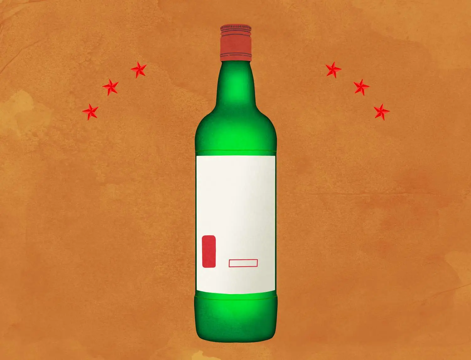 Bottle of soju with red stars against tan background