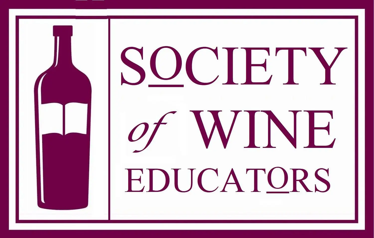 Society of Wine Educators in a magenta rectangle with illustration of a wine bottle