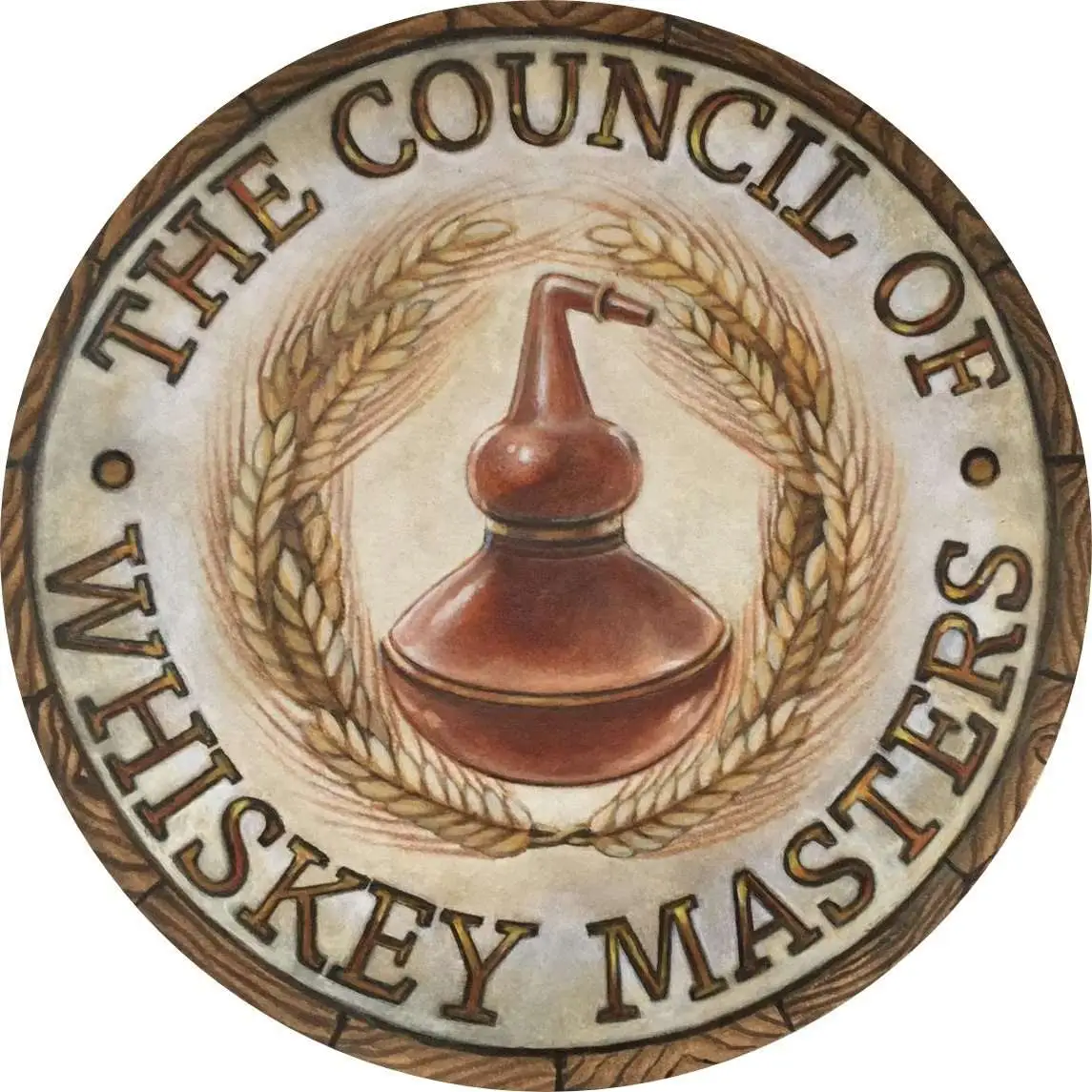 A round wooden badge stating The Council of Whiskey