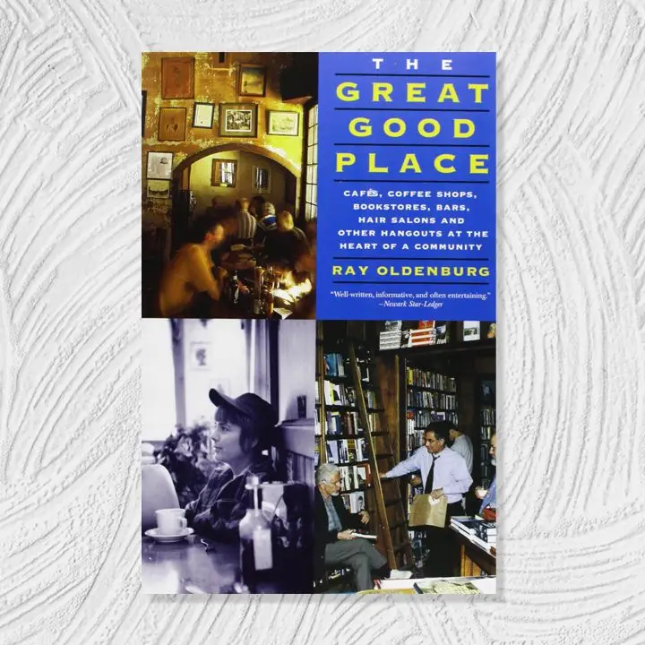 The Great Good Place cover featuring a blue block of text in the upper right quadrant and vintage photos in the other three around it