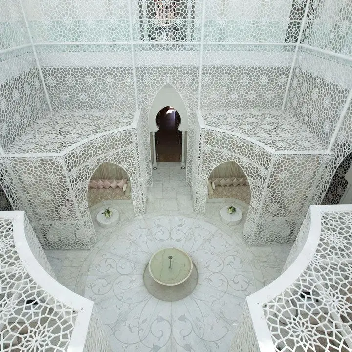 Royal Mansour spa in Marrakech, with gorgeous white open-tiled structures