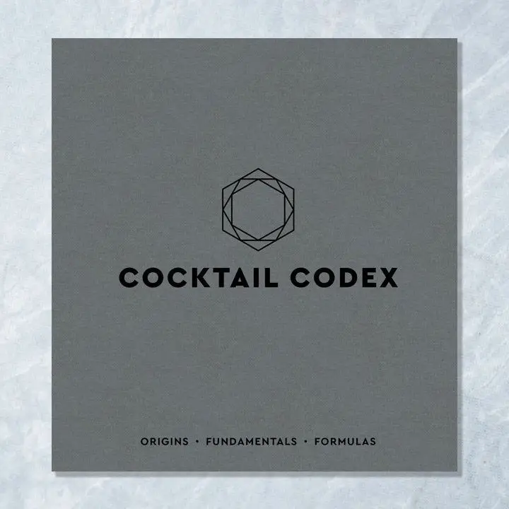 Cocktail Codex cover, gray with black text and geometric motif