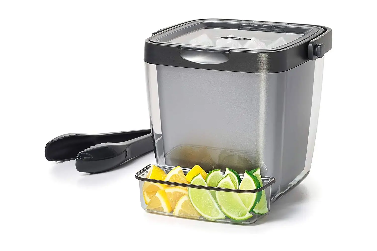 OXO Good Grips Double Wall Ice Bucket with Tongs and Garnish Tray,Gray, 7.37'L x 8.5'W x 7.5H
