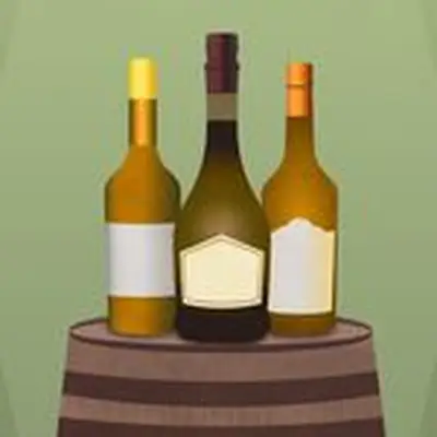 Three Calvados bottle on oak barrel with green background and inset of apples photo