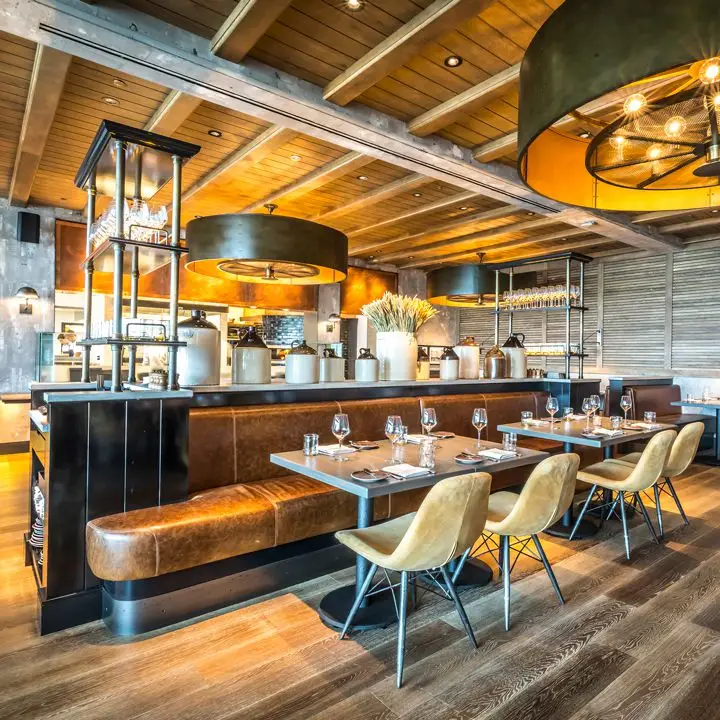 Rye Street Tavern at Sagamore Spirit in Baltimore. Modern fixtures and a brown, taupe and silver palette