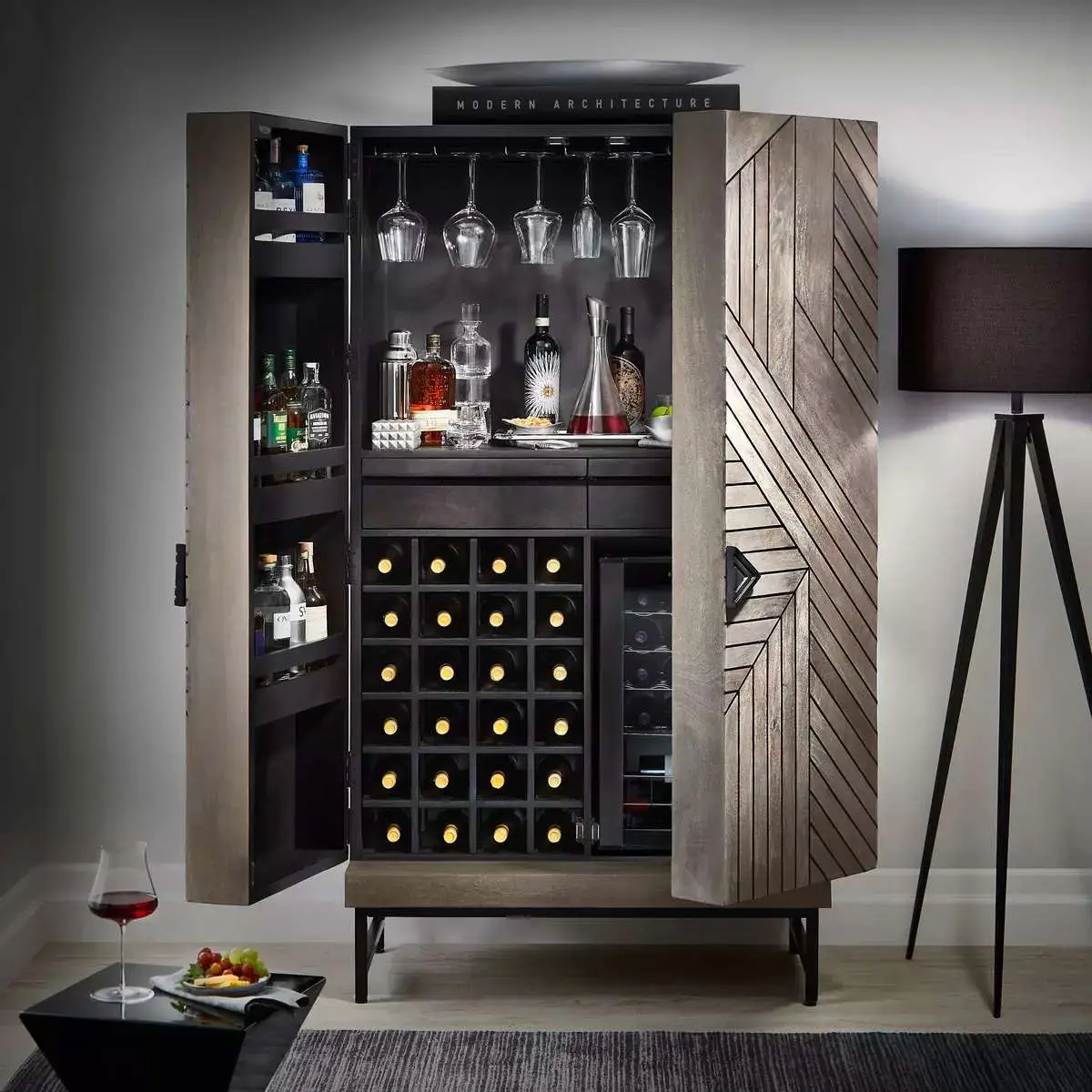Cheverny Metal Inlay Bar Cabinet with Cooling Storage Option (Smoke Gray Finish)
