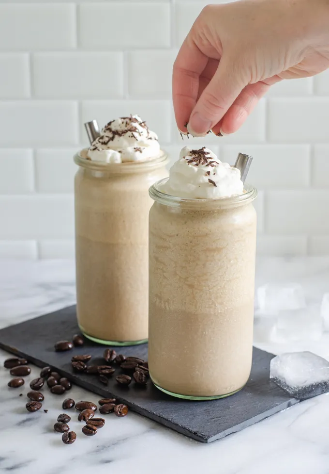 Sprinkling chopped chocolate on top.' title='Mocha Frappuccino Recipe