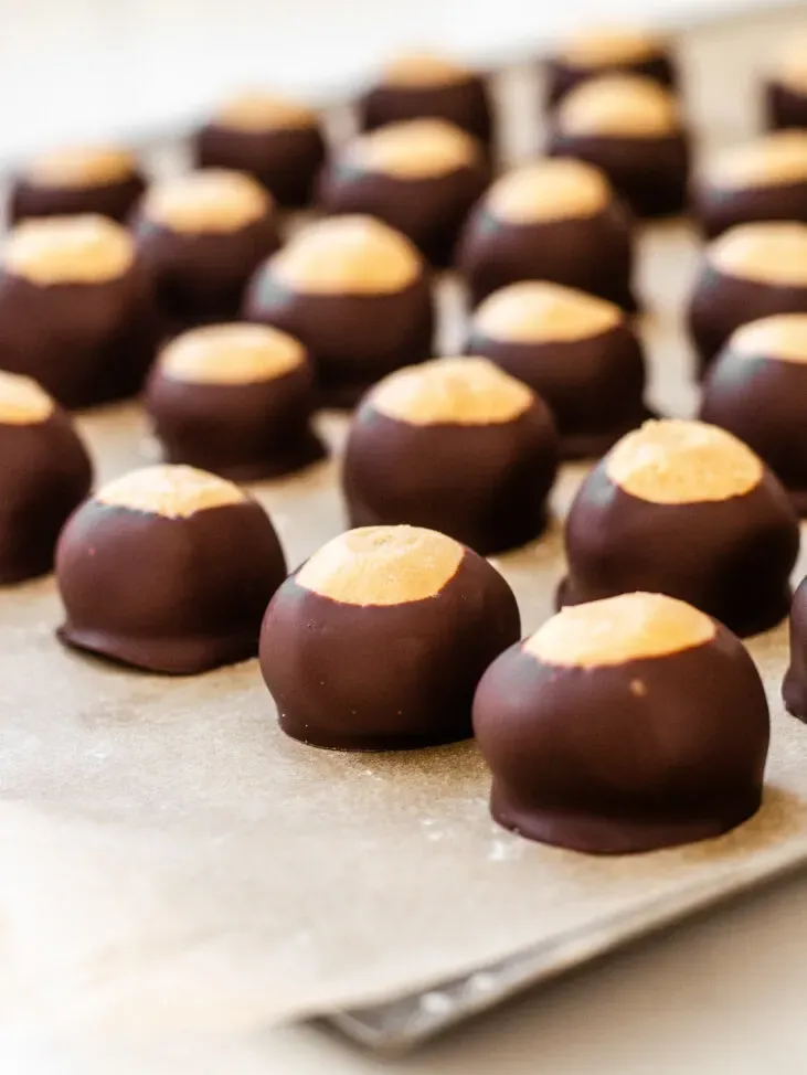 Buckeye recipe without shortening all lined up on a parchment lined baking tray.' title='Buckeye Recipe Without Shortening