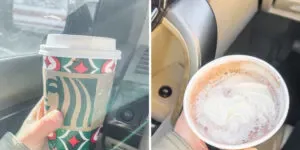 A diptych showing a Starbucks peppermint mocha with the lid on and off.' title='Peppermint Mocha Starbucks Recipe