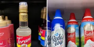 A diptych showing peppermint coffee syrup on the left and canned whipped cream on the right.' title='Peppermint Mocha Starbucks Recipe