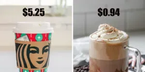 A diptych showing the Starbucks peppermint mocha on the left and my homemade version on the right.' title='Peppermint Mocha Starbucks Recipe