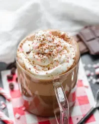A mug of Peppermint Mocha (a Starbucks recipe) with a red checked napkin underneath and candy canes coffee beans and chocolate in the background.' title='Peppermint Mocha Starbucks Recipe