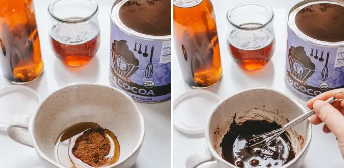 Mixing together the cocoa powder and maple syrup for a homemade cafe mocha. ' title='How to Make a Mocha Latte (Easy Homemade Recipe)