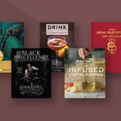 Covers of five books from Black bartenders, featured on maroon background