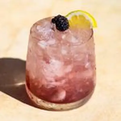 dark-red Bramble cocktail in an angled rocks glass. the color gets lighter toward the top of the glass. it is garnished with a lone blackberry and a half lemon wheel