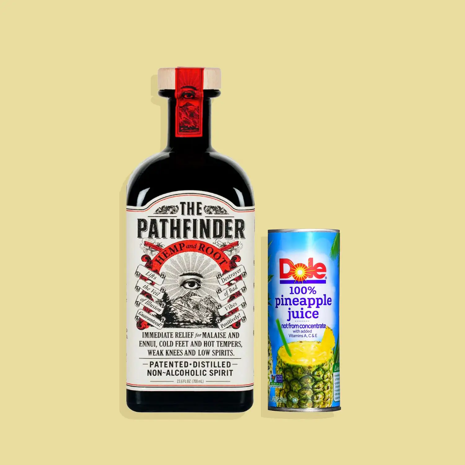 Bottle of The Pathfinder Non Alcoholic Spirit and can of Dole pineapple juice against yellow background