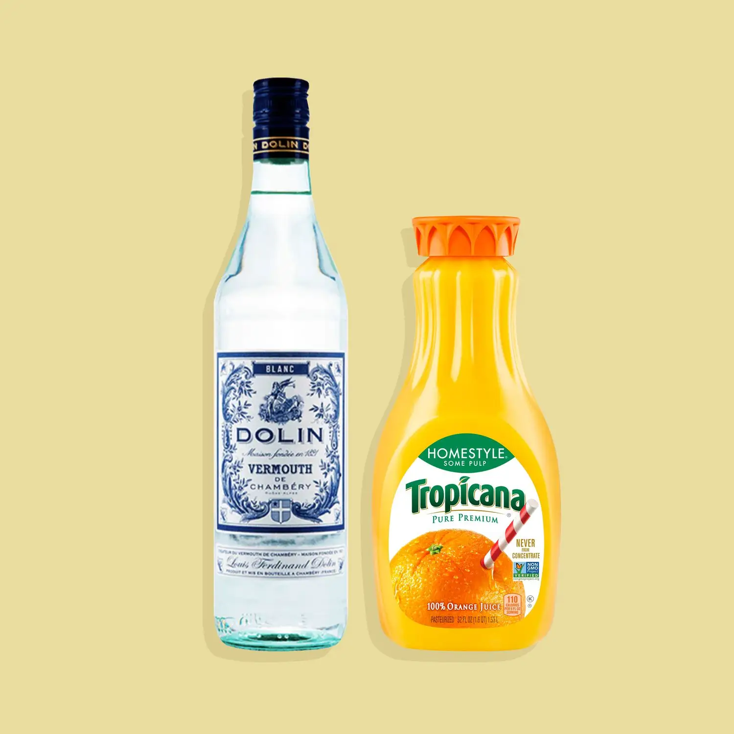 Bottles of Dolin blanc vermouth and Tropicana orange juice against yellow background