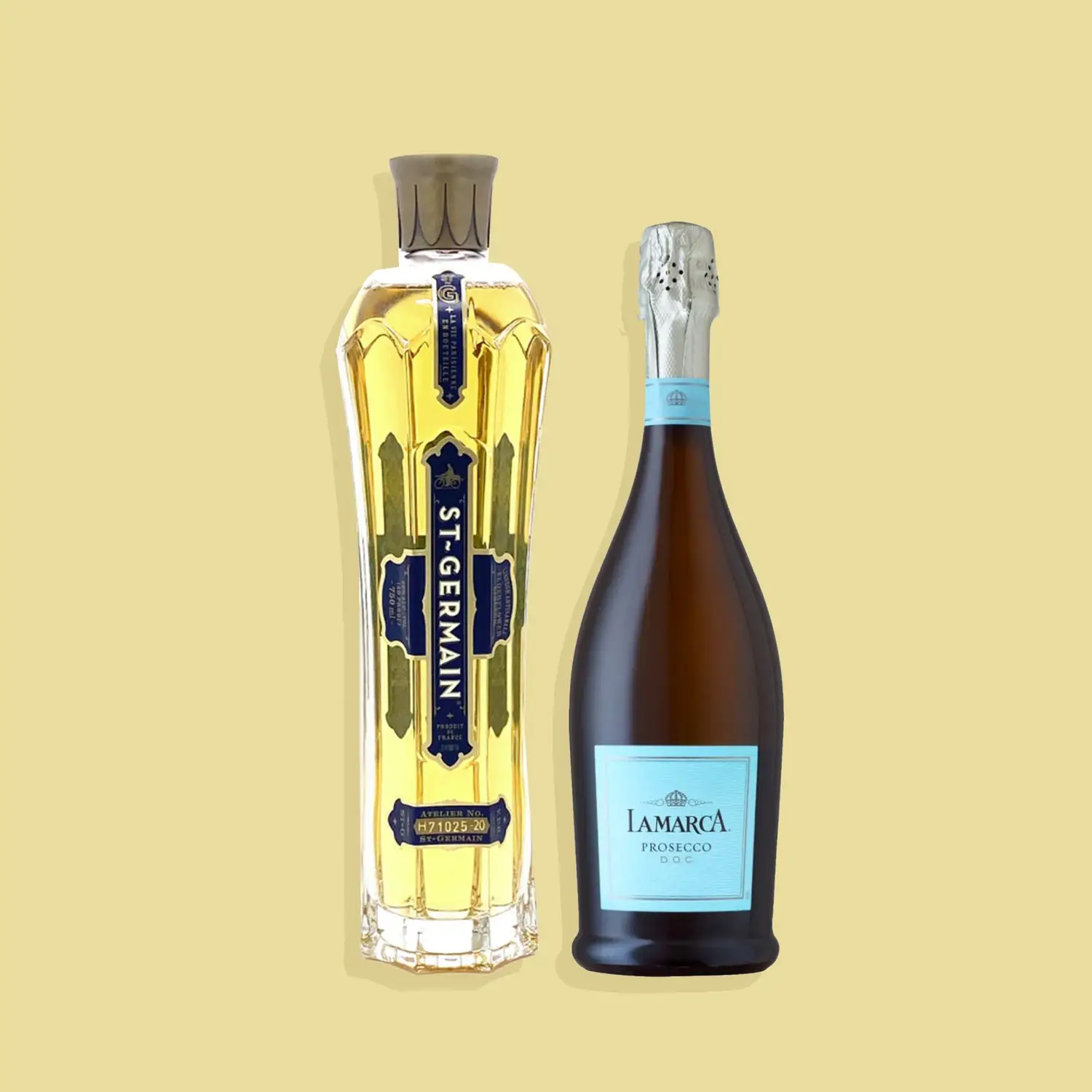 Bottles of St-Germain and LaMarca prosecco against yellow background
