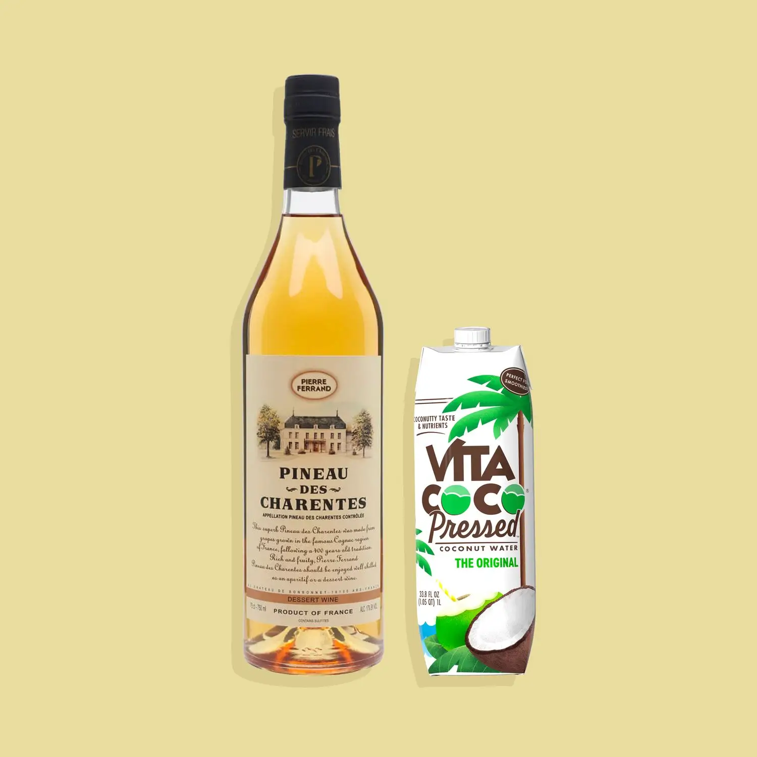 Bottles of Pierre Ferrand white pineau des charentes and Vita Coco pressed coconut water against yellow background