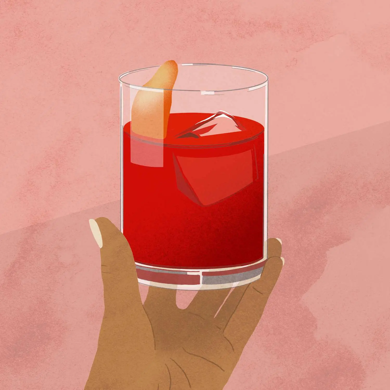 Illustration of hand holding a red Negroni cocktail in rocks glass with ice cube and orange peel against pink background
