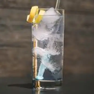 vodka tonic cocktail in a collins glass with a lemon twist and straw