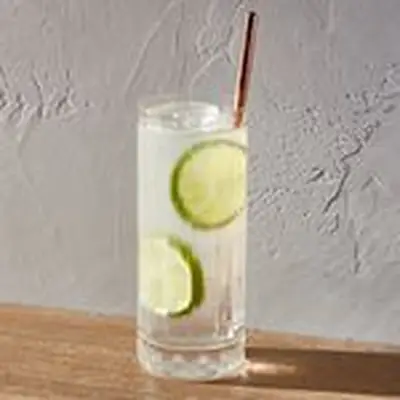 Gin Rickey with two lime wheels in highball glass with copper straw