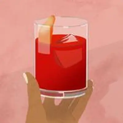 Illustration of hand holding a red Negroni cocktail in rocks glass with ice cube and orange peel against pink background
