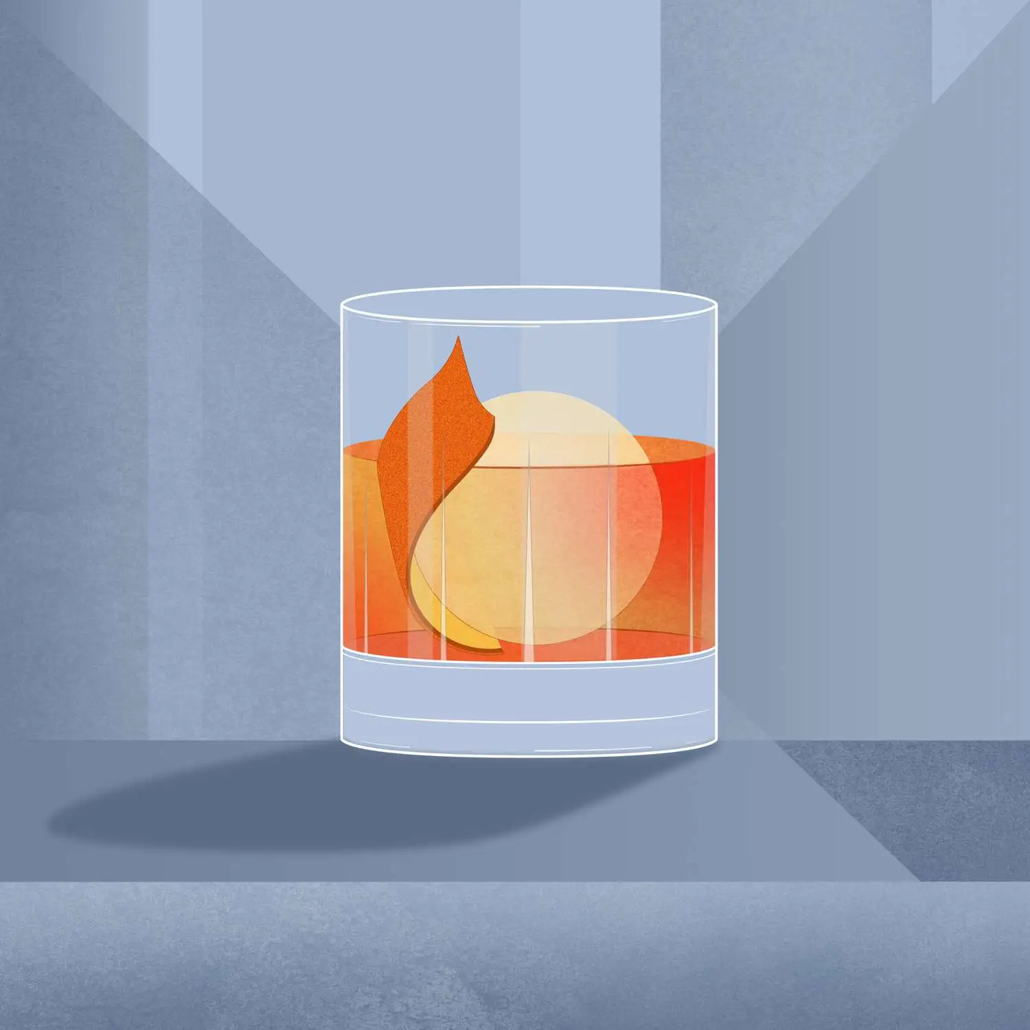 Old Fashioned cocktail illo against a dark grey background.