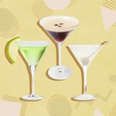 1980s and 1990s cocktails against a yellow background with graphics