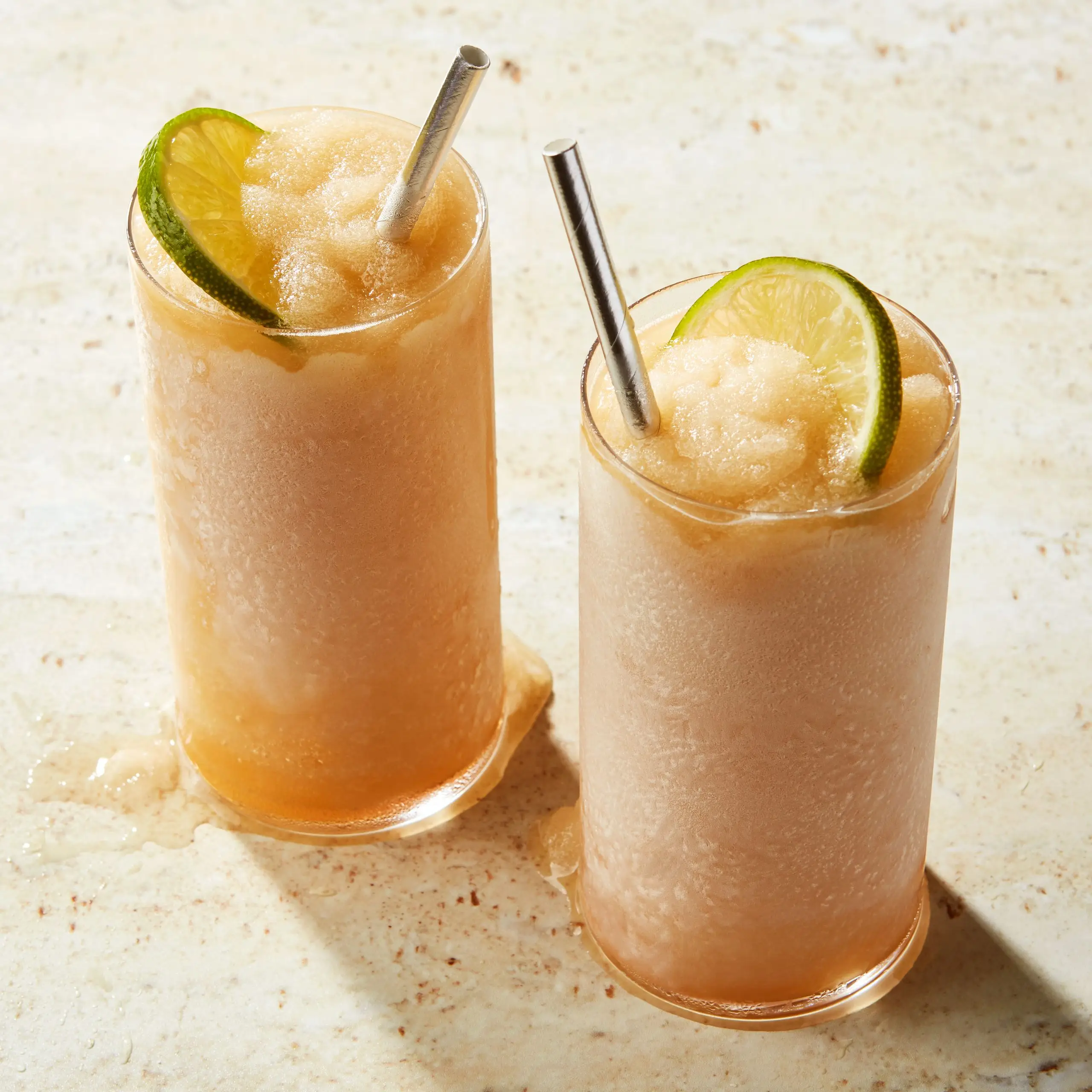 Photo of two frozen moscow mule cocktails.
