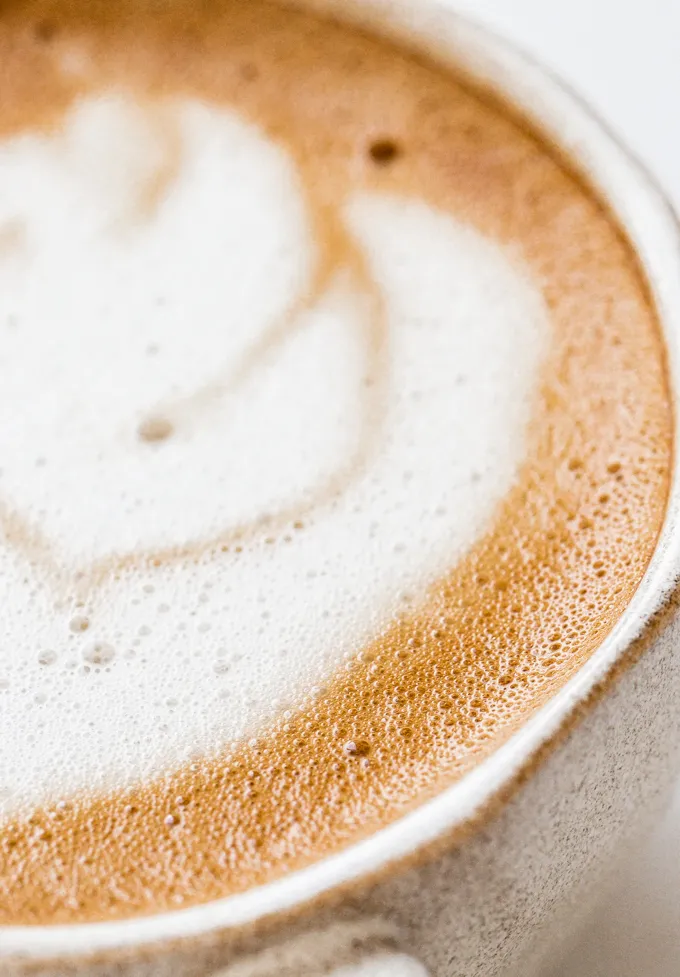 Close up shot of an oat milk latte' title='Oat Milk Latte