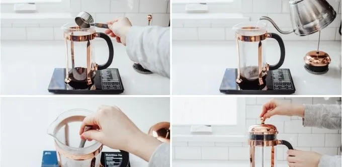 Brewing espresso strength coffee with a French press for making an oat milk latte at home.' title='Oat Milk Latte