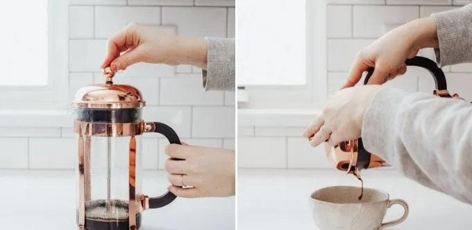 Brewing coffee in a French press for lattes.' title='Oat Milk Latte