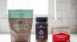 Three different brands of instant coffee on a white countertop.' title='How to Make an Espresso Shot with Instant Coffee