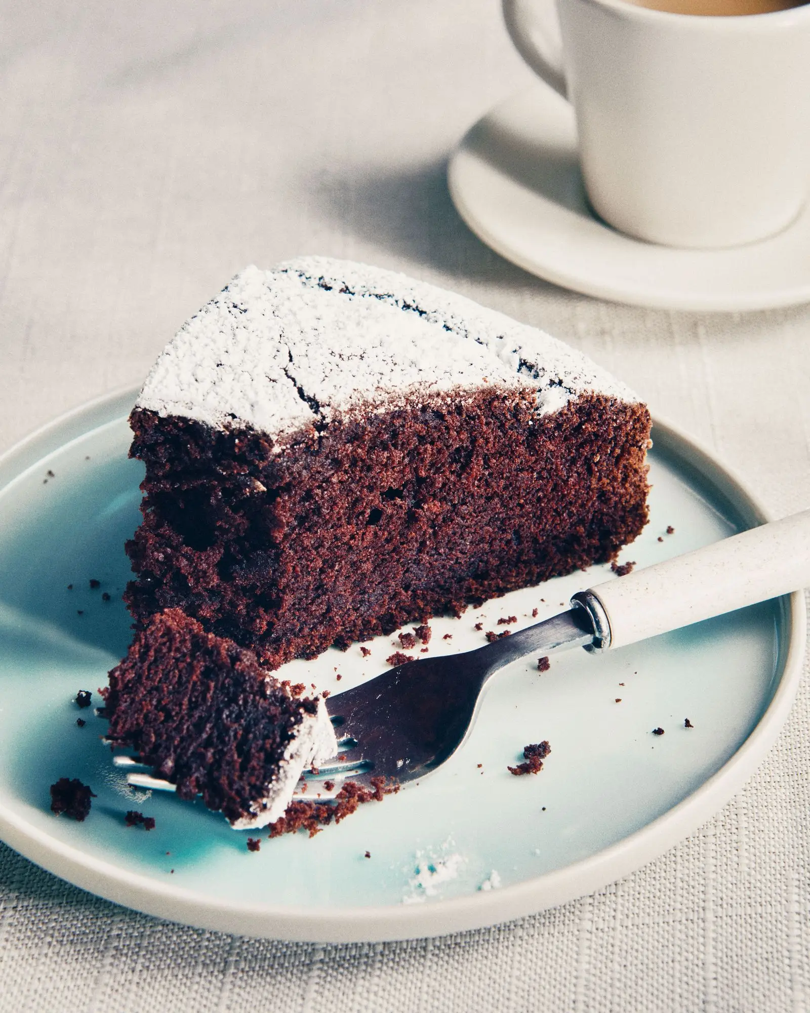 A slice of cocoa cake on a plate dusted with confectioner