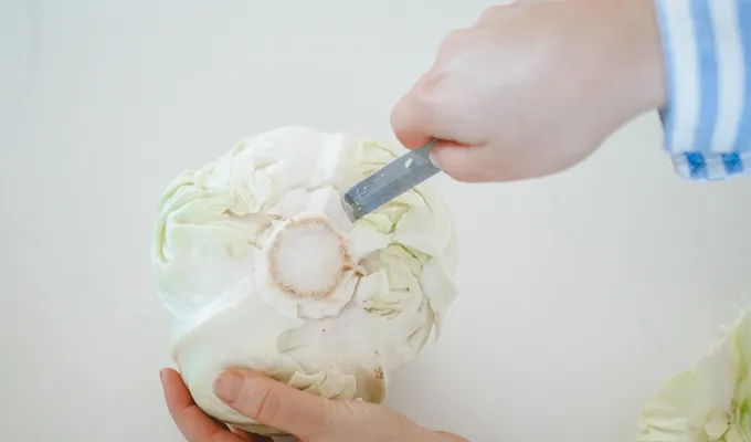 Cutting out the core of a head of cabbage.' title='Easy Spicy Sauerkraut Recipe