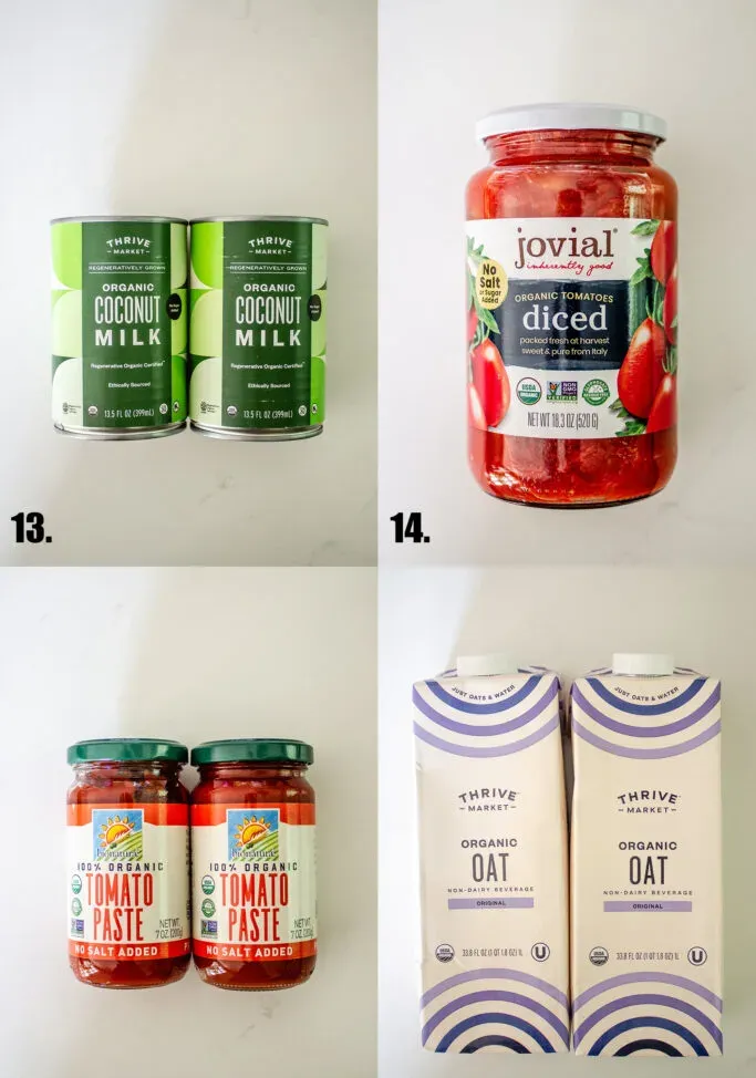 Thrive market brand coconut milk Jovial diced tomatoes tomato paste in glass bottles and Thrive Market oat milk.' title='Top 50 Best Thrive Market Products to Buy in 2024