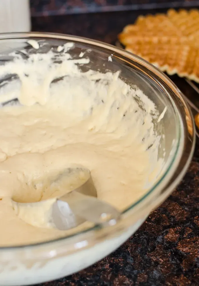 The batter all mixed up in a bowl.' title='Overnight Sourdough Waffles